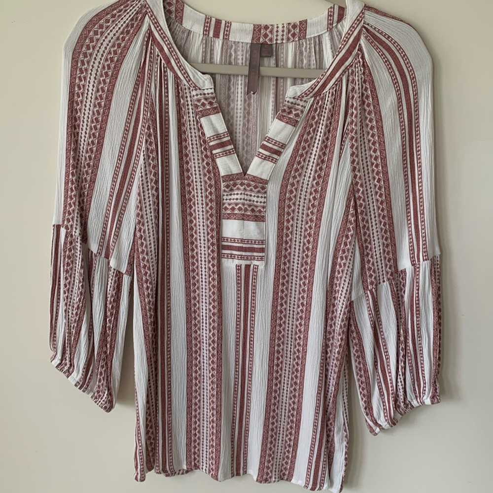 BRINA & EM SZ M boho gauzy fabric tunic southwest burgundy red cream stripes